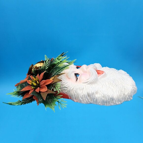 Vintage 1970s Santa Claus Wall Decor Bells & Flocked Poinsettias Noel Hong Kong - Picture 9 of 10